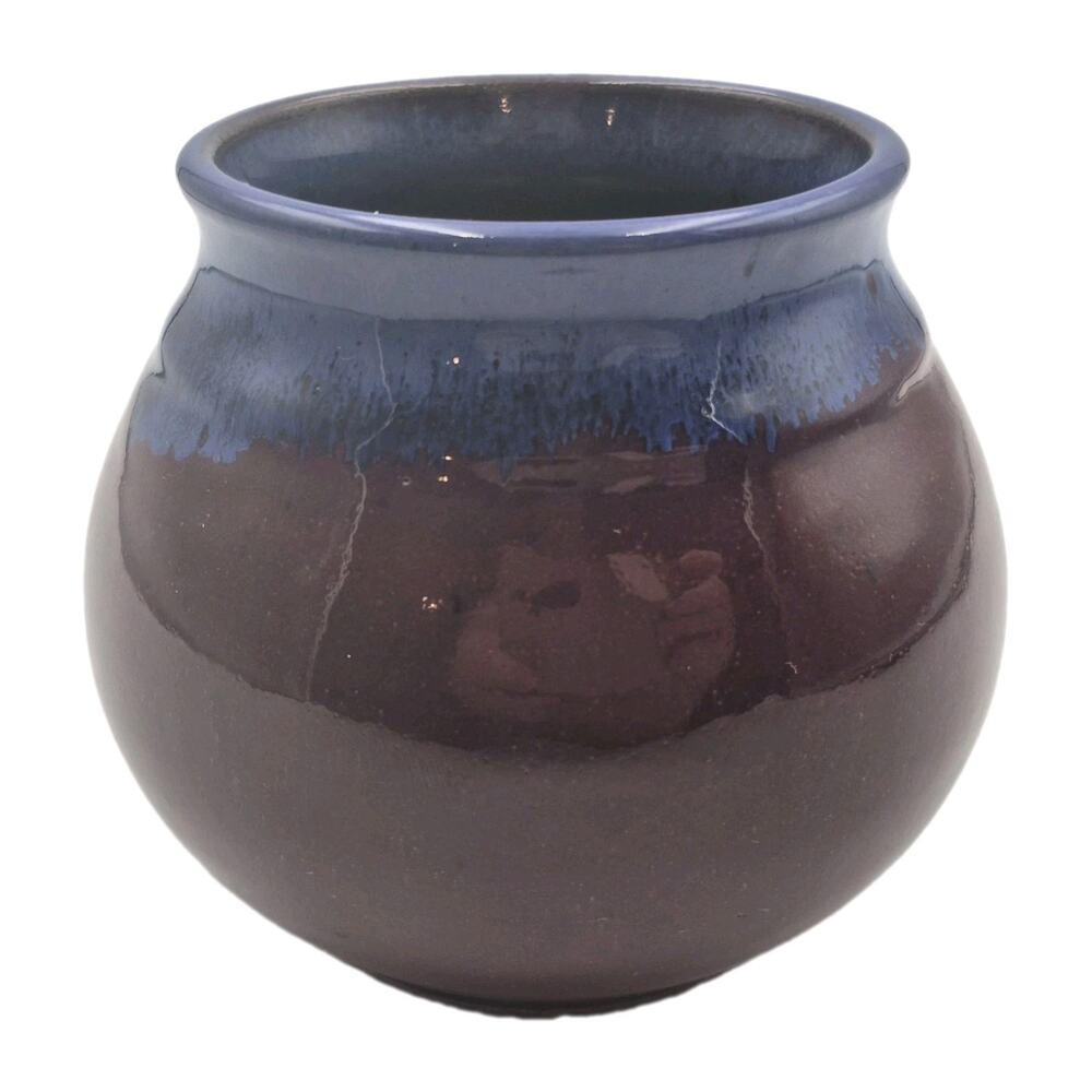 Signed North Lake Pottery Vase Reddish-Brown Blue Drip Glaze Finish 4.25" Tall